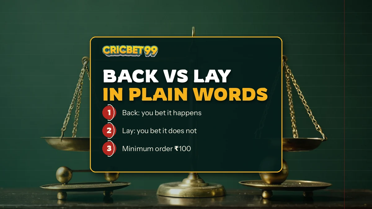 Player checking a back order and a later lay order on a phone during a night cricket match