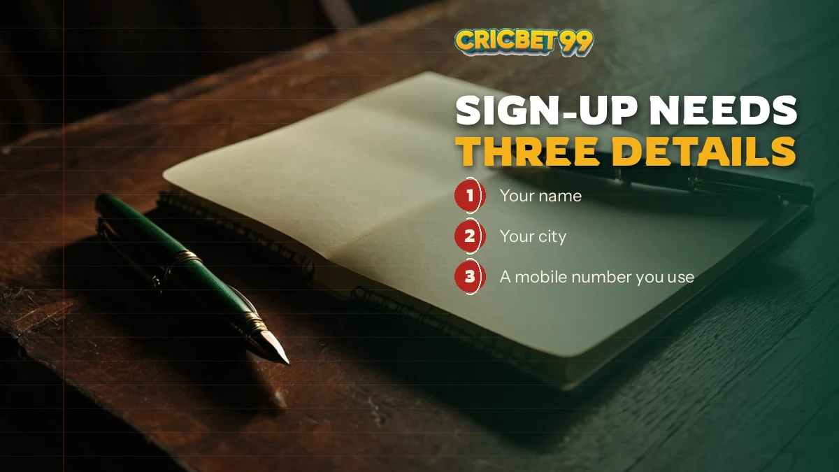 Six registration steps drawn as one cricket over, first text to first deposit
